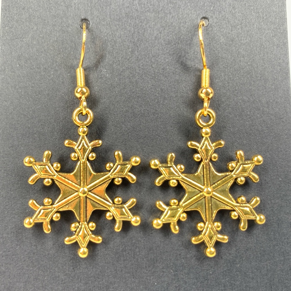 5/$25 Christmas Earrings Golden Snowflakes Dangle Holidays Gifts Antique Gold